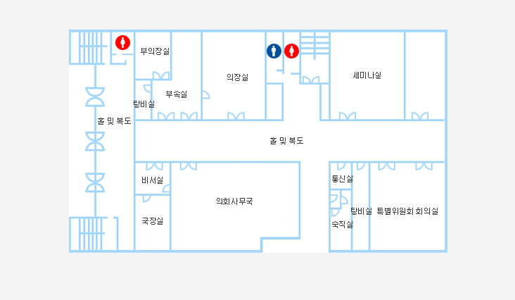 1f | 부의장실 / 부속실 / 의장실 / 세미나실 / 특별위원회 회의실 / 민원안내실 / 의정자료실 / 의회사무국 / 국장실 / 비서실이 위치하고 있습니다.