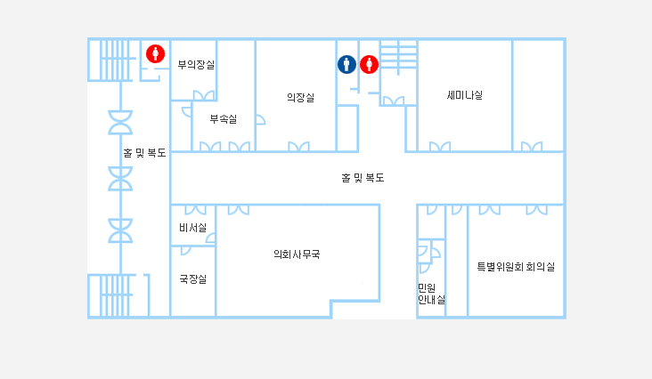 1f | 탕비실1 / 부의장실 / 부속실 / 의장실 / 세미나실 / 특별위원회 회의실 / 탕비실2 / 숙직실 / 통신실 / 의정자료실 / 의회사무국 / 국장실 / 비서실이 위치하고 있습니다.