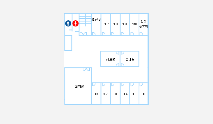 3f | 의원실 (301 | 302 | 303 | 304 | 305 | 306 | 307 | 308 | 309 | 310) / 의정동우회실 / 회의실 / 자료실 / 휴게실이 위치하고 있습니다.
